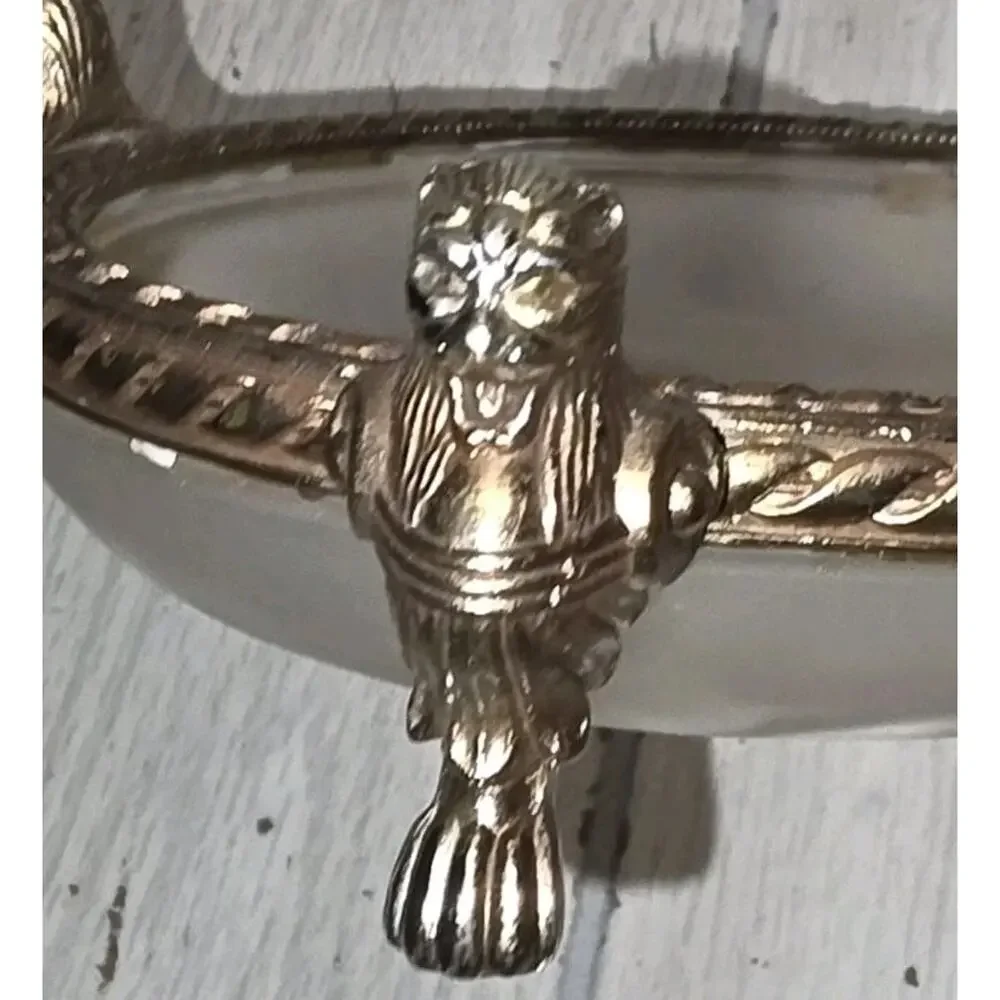 Antique Brass/Glass Owl Footed Vanity Dish Trinket Bowl Soap Brass Victorian